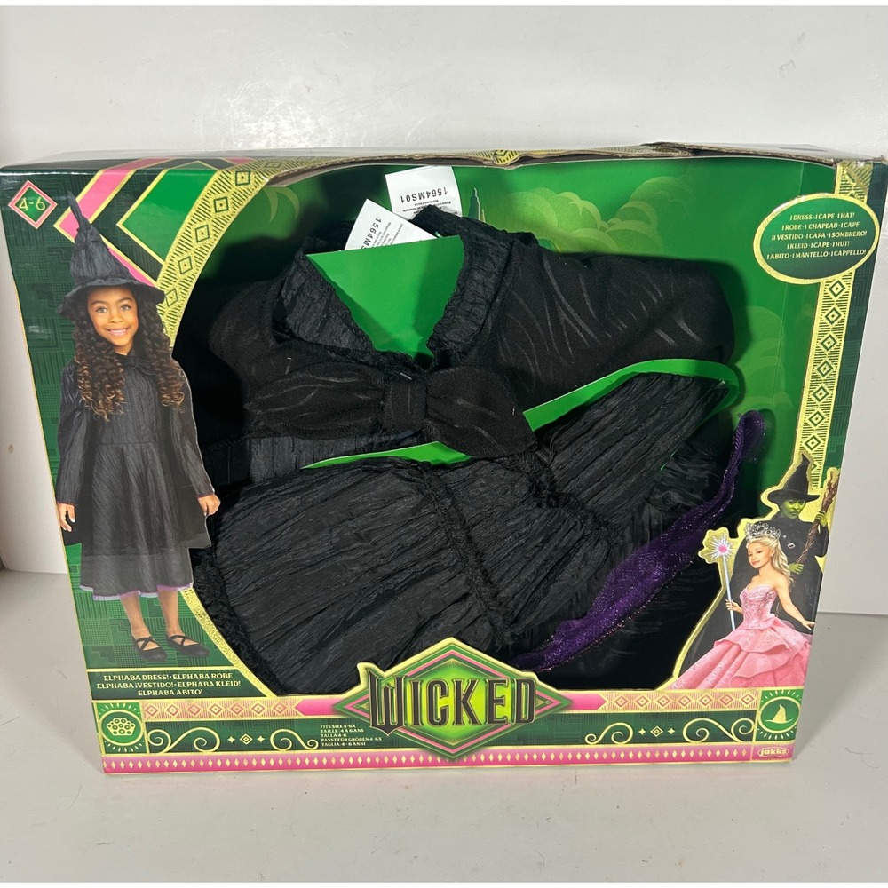 Wicked Deluxe Elphaba Black Dress Costume Hat Cape Set Jakks Pacific Size 4-6X